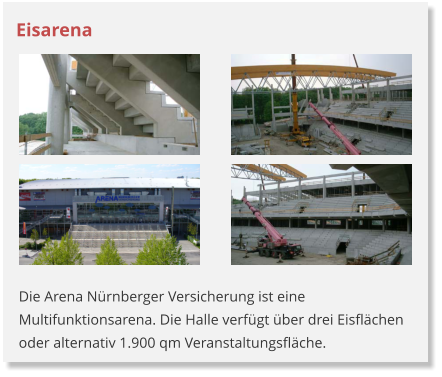 Eisarena Die Arena Nürnberger Versicherung ist eine Multifunktionsarena. Die Halle verfügt über drei Eisflächen oder alternativ 1.900 qm Veranstaltungsfläche.