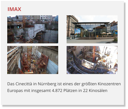 IMAX Das Cinecittà in Nürnberg ist eines der größten Kinozentren Europas mit insgesamt 4.872 Plätzen in 22 Kinosälen